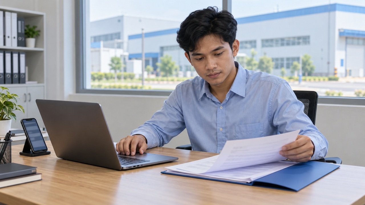 Calon pekerja menyiapkan berkas dan contoh surat lamaran kerja via email di laptop dengan latar bangunan pabrik.